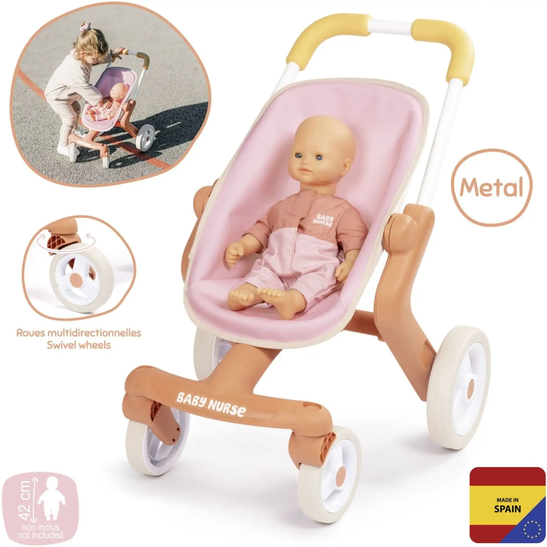 Коляска для ляльки Baby Nurse "Теракотова пудра. Прогулянка", з поворотними колесами