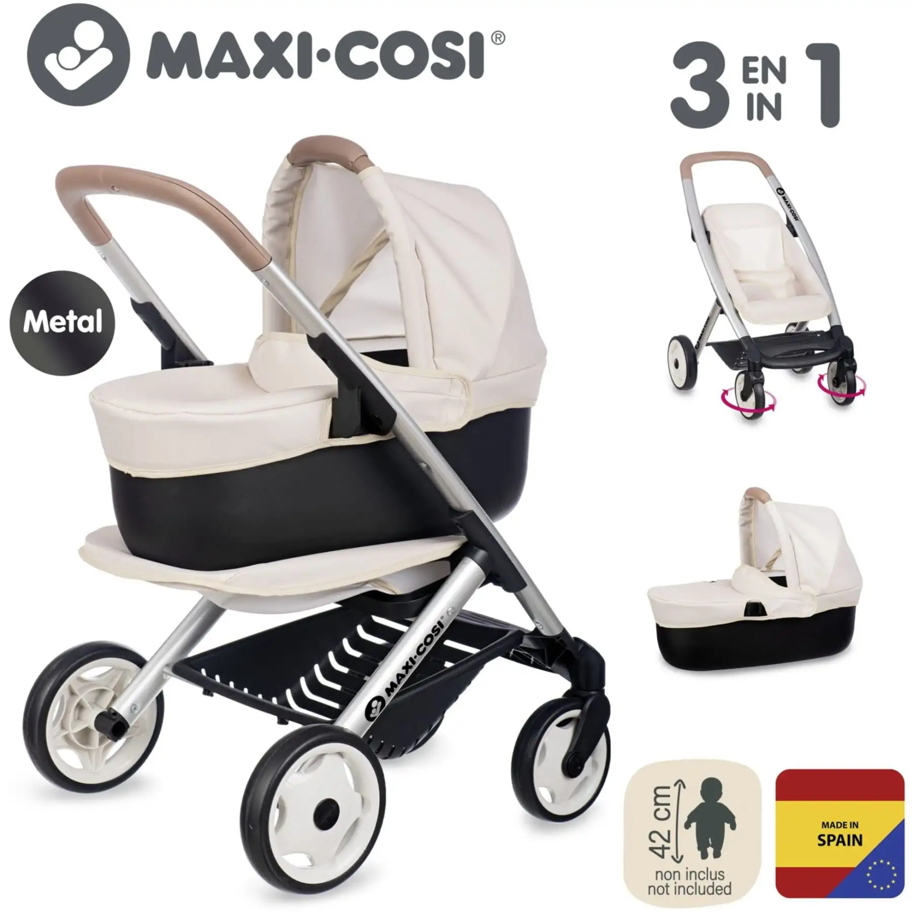 Коляска для ляльки Maxi-Cosi "3 в 1. Айворі" зі знімною люлькою, 55x39x64 см, 3+