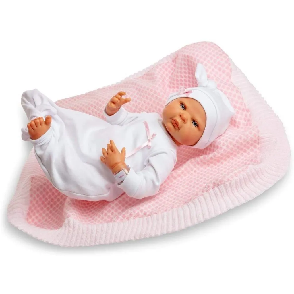 Пупс у білому комбінезоні на рожевій ковдрі 50 cм Berjuan