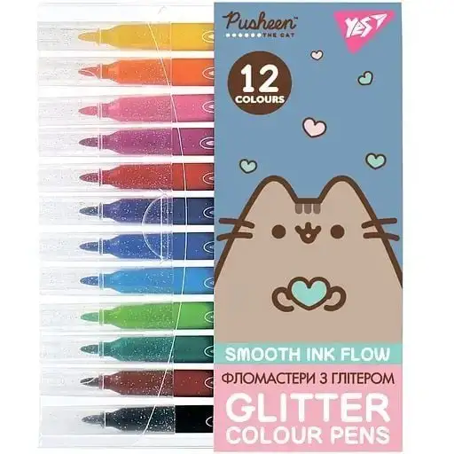 Фломастери Yes 12 кольорів "Pusheen", гліттер