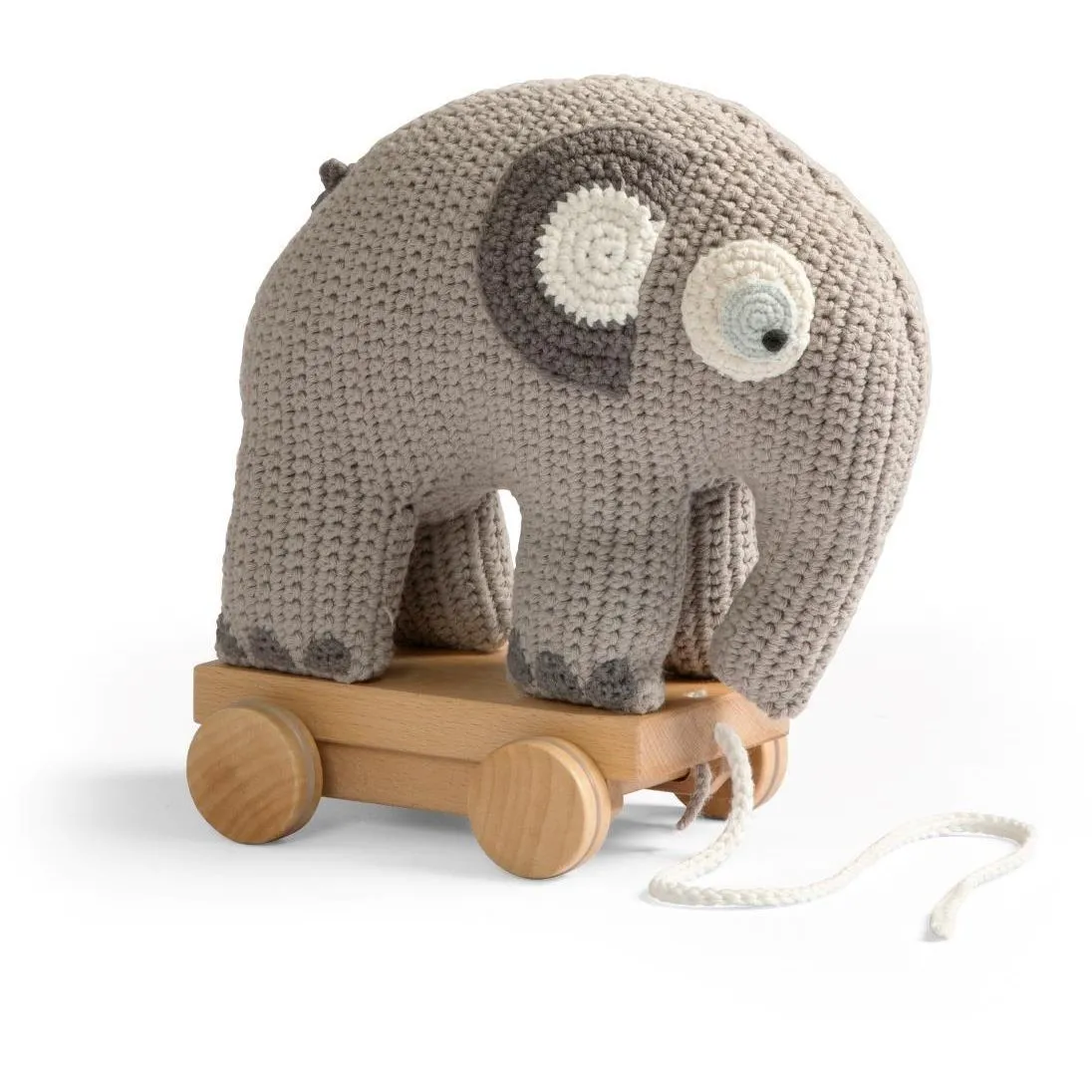 Іграшка вязана на дерв&#039;яній каталці &quot;Sebra&quot; Слон Фанто,сірий, 25 см, бавовна