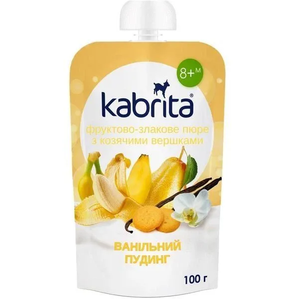 Kabrita Фруктово-злакове пюре з козячими вершками "Ванільний пудинг" для дітей від 8 міс., 100 г.