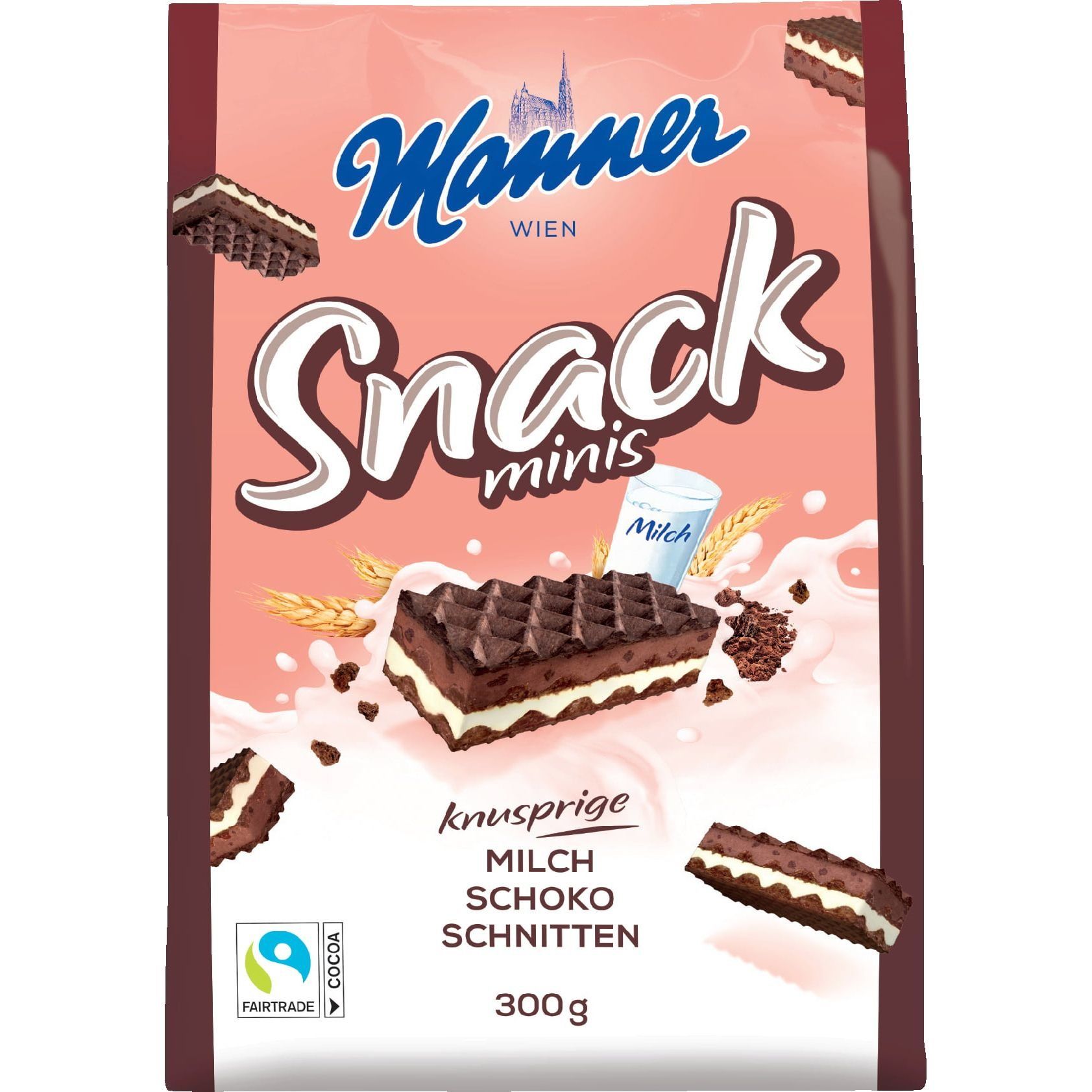 Вафлі Manner snack Minis з молочно-шоколадним кремом 300 г.10шт/ящ