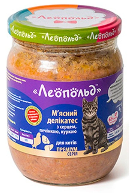 Корм для собак М&#039;ясні делікатеси з серцем, печінкою, куркою Leopold, 500 г
