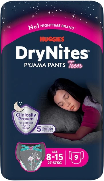 Трусики підгузки для дітей 27-57 кг Teen Huggies DryNites, 9 шт/уп.