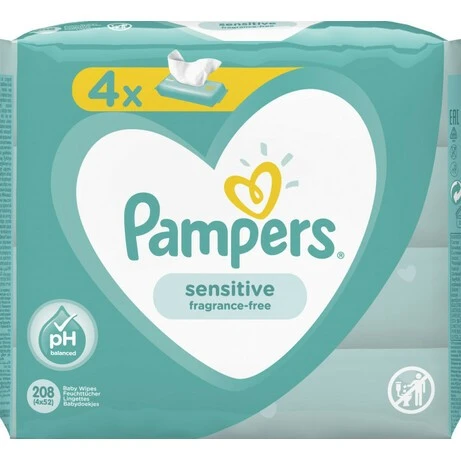 Вологі серветки Sensitive Pampers, 4*52 шт/уп.