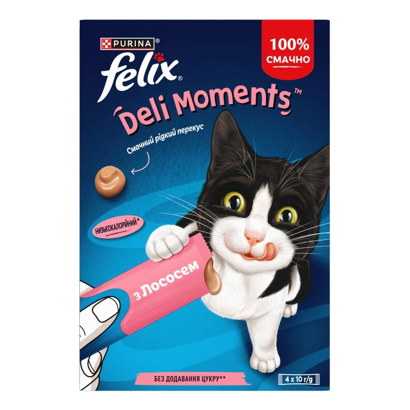 Корм консервований додатковий для дорослих та літніх котів з лососем Deli moments Felix к/у 4*10г