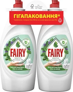 Засіб для миття посуду Чайне дерево та м&#039;ята 2*900мл Sensitive Fairy, набір