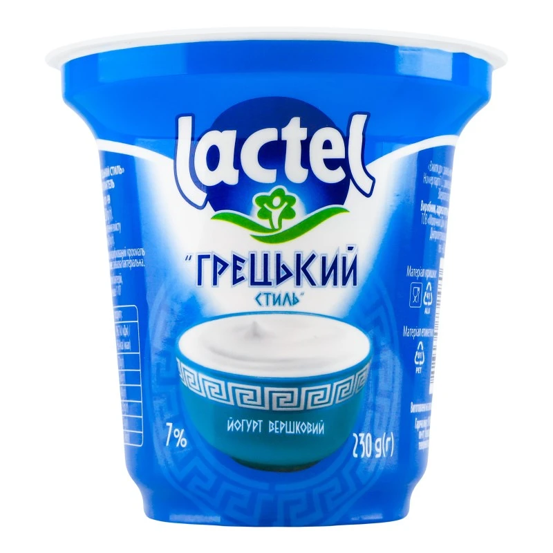 Йогурт вершковий Грецький стиль 7% Лактель стаканчик, 0,230 кг