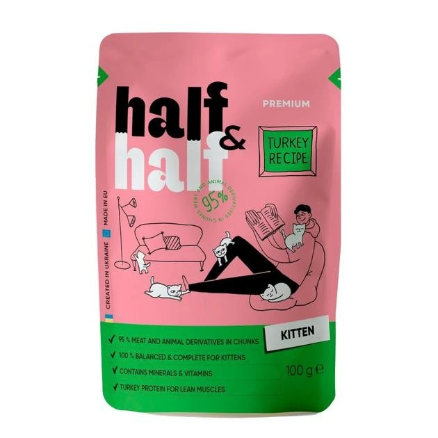 Корм вологий повнораціонний для кошенят з індичкою у желе Premium Half&amp;Half д/п 100г