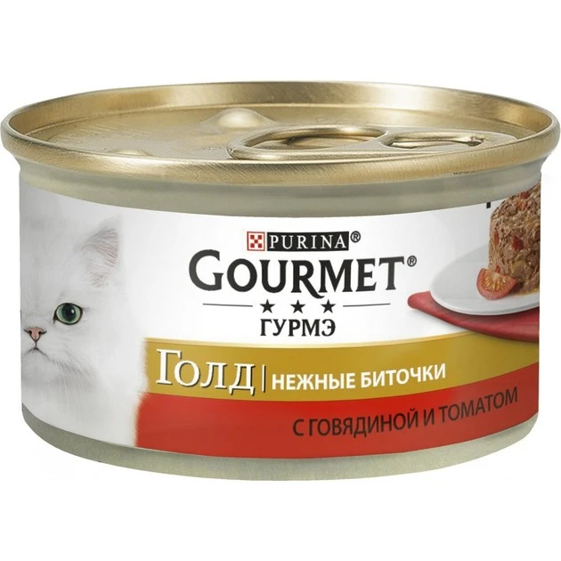 Корм для котів З яловичиною та томатами Ніжні биточки ж/б Gold Gourmet, 85 г