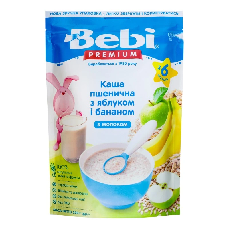 Каша молочна для дітей від 6 міс Пшенична з яблуком та бананом Premium Bebi, 200 г
