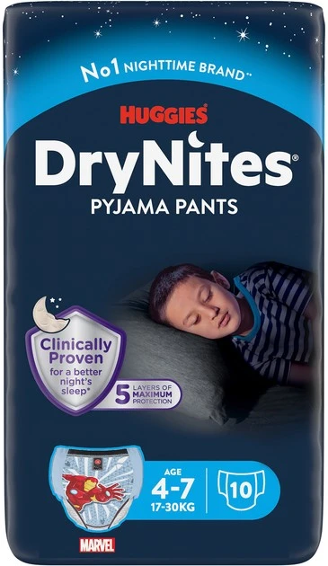 Трусики-підгузки для дітей 17-30 кг Marvel Huggies DryNites, 10 шт/уп.