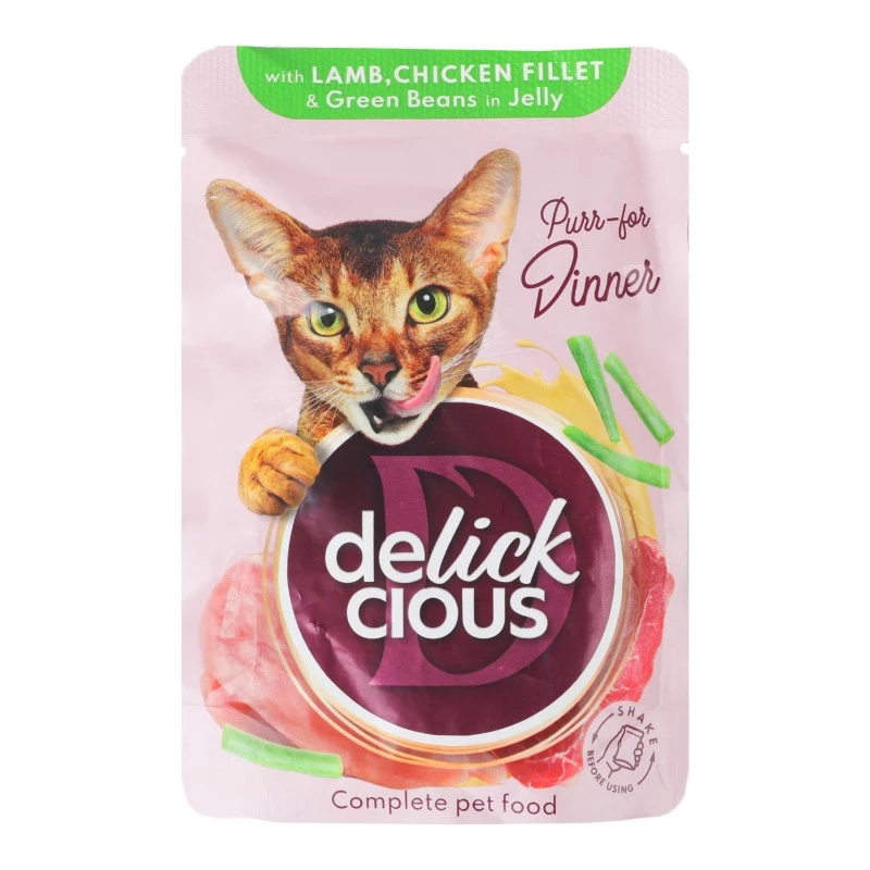 Корм для котів з ягням куркою фасолею в желеі Delickcious, 85 г