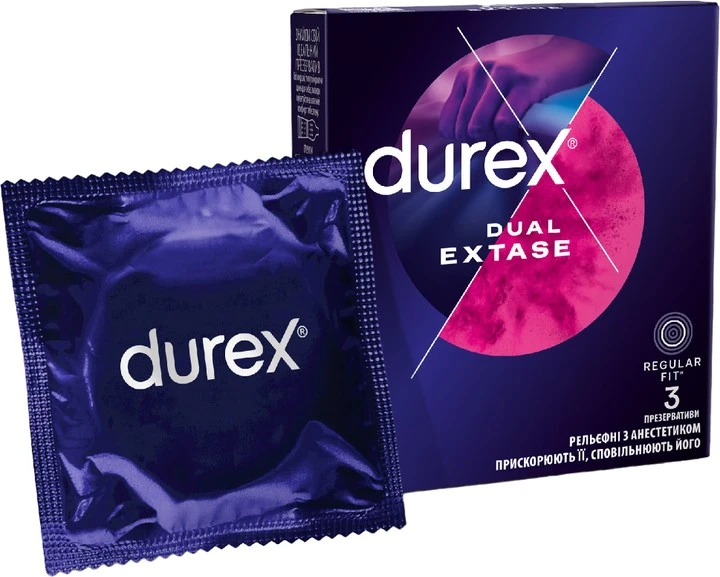 Презервативи латексні з силіконовим змазкою Dual Extase Durex, 3 шт/уп.