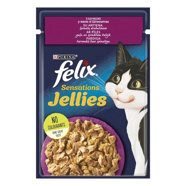 Корм для котів з качкою в желе зі шпинатом Jellies Sensations Felix, 85 г