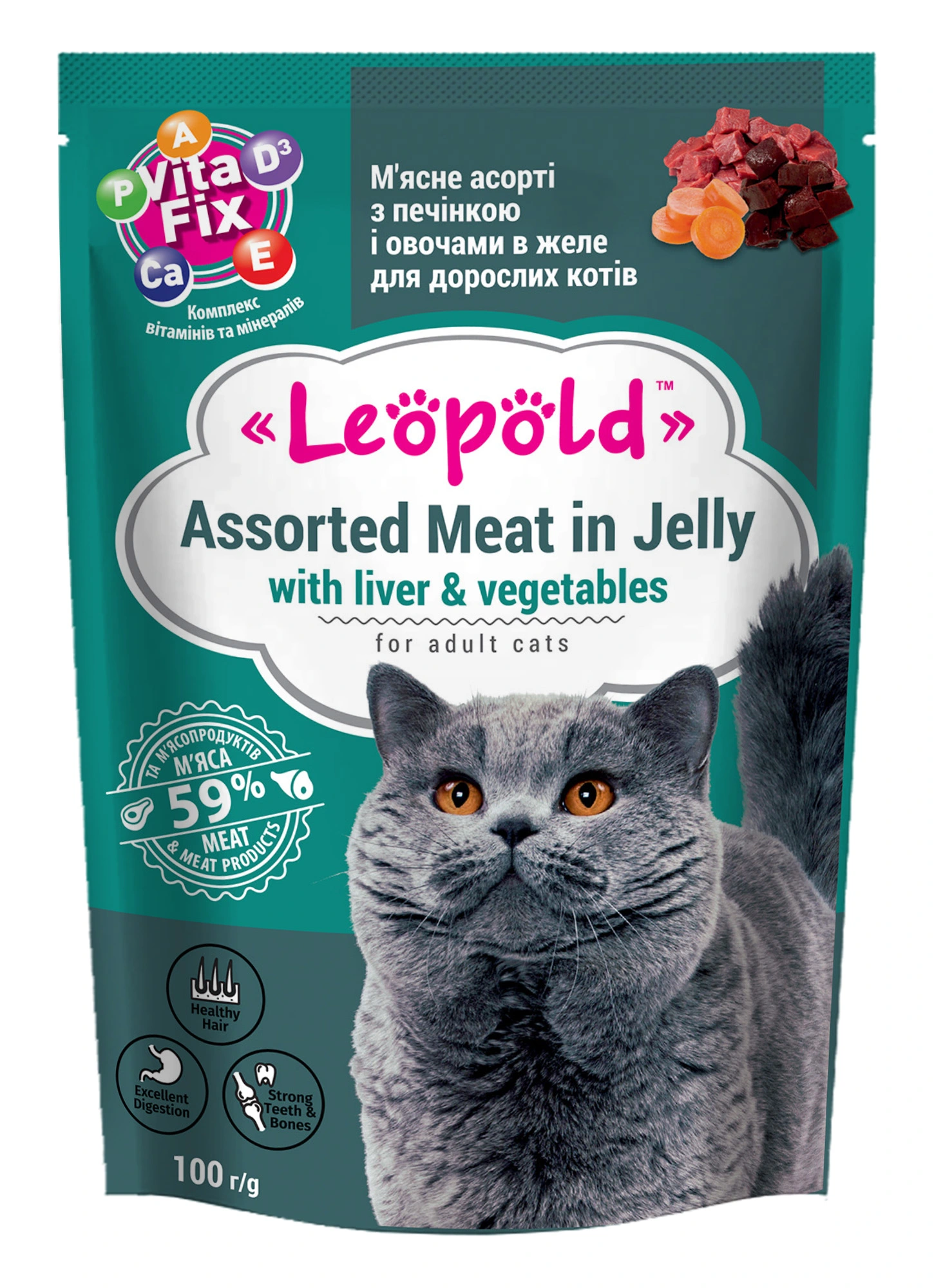 Корм для котів Асорті з м&#039;ясом, печінкою та овочами в желе Leopold, 100 г