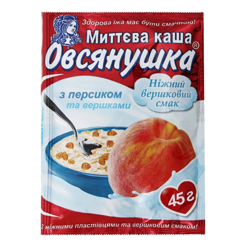 Каша швидкого приготування зі смаком персик з вершками Овсянушка, 45 г