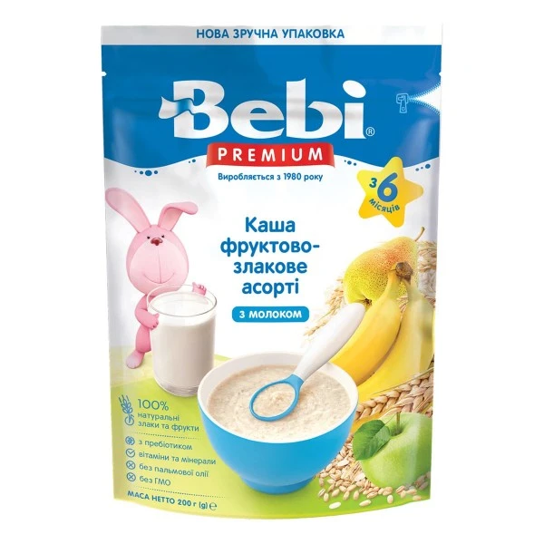 Каша молочна для дітей від 6 міс Фруктово-злакове асорті Premium Bebi, 200 г