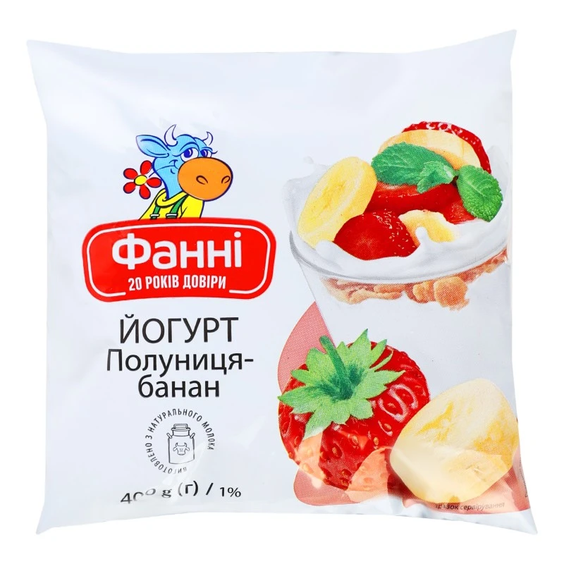 Йогурт 1% Полуниця-банан Фанні, 400 г
