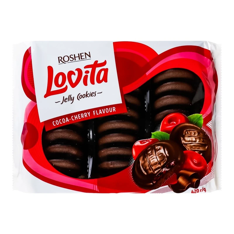 Печиво з желейною начинкою Cocoa-cherry Lovita Jelly Cookies Roshen, 420 г