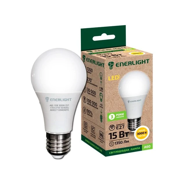 Лампа світлодіодна 15W E27 3000K A60 Enerlight, шт
