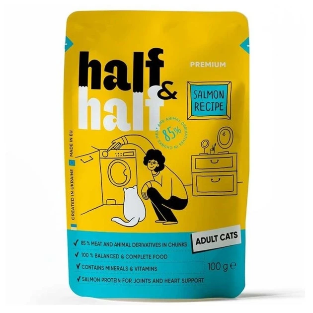 Корм вологий повнораціонний для дорослих котів з лососем у желе Premium Half&amp;Half д/п 100г