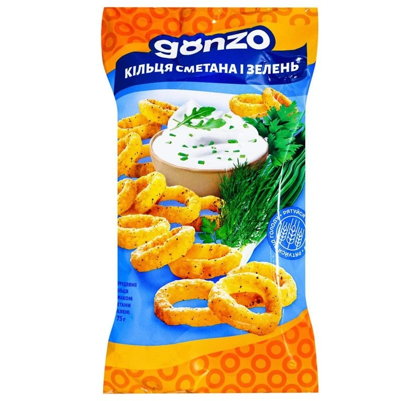 Кільця кукурудзяні зі смаком сметани та зелені Gonzo, 75 г