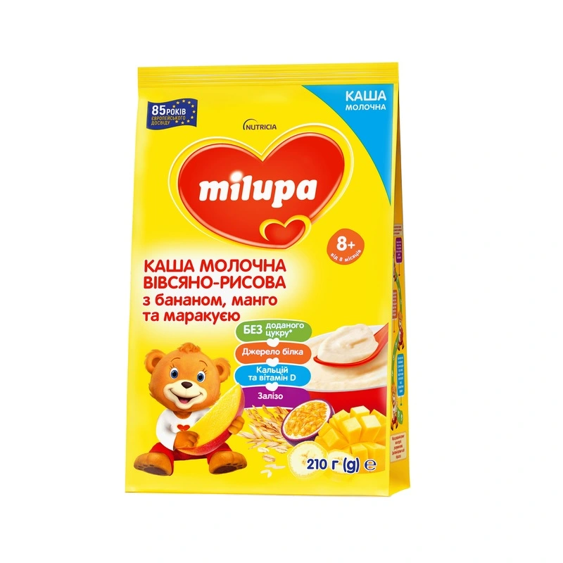 Каша молочна для дітей від 8міс суха вівсяно-рисова з бананом, манго та маракуєю Milupa м/у 210г