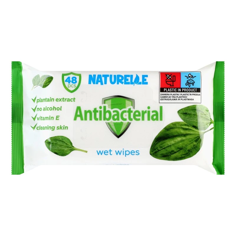 Вологі серветки з екстрактом листя подорожника Antibacterial Naturelle, 48 шт/уп.