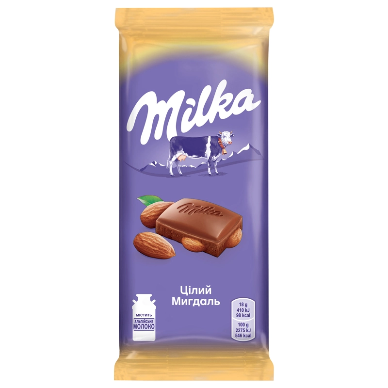 Шоколад молочний з цілим мигдалем Мілка, 90 г
