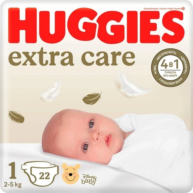 Підгузки для дітей 2-5 кг 1 Extra Care Huggies, 22 шт/уп.