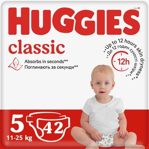 Підгузки для дітей 11-25 кг Classic Huggies, 42 шт/уп.