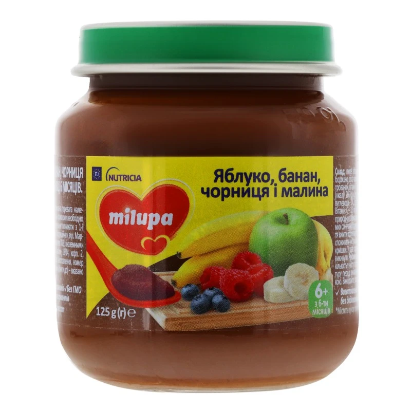 Пюре фруктове для дітей від 6міс Яблуко-банан-чорниця та малина Milupa, 125 г