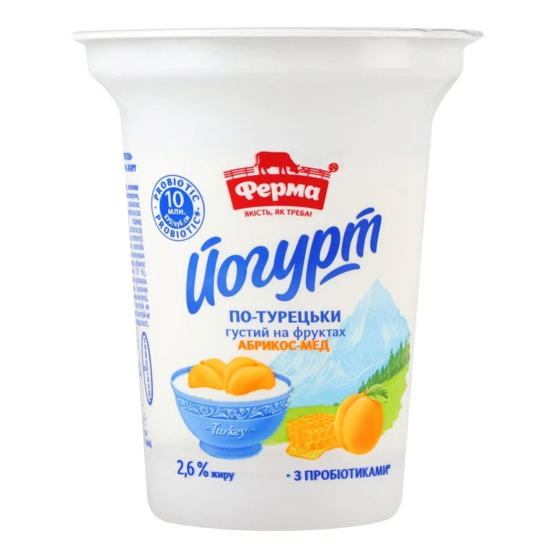Йогурт 2.6% густий на фруктах з пробіотиками Абрикос-мед По-турецьки Ферма ст 280г