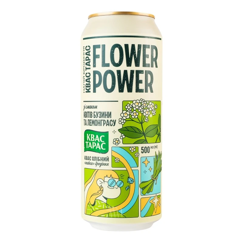 Квас хлібний Flower Power ж/б Квас Тарас, 0.5 л