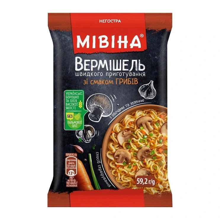 Вермішель швидкого приготування зі смаком грибів, овочів, зелені, Мівіна, 59.2 г