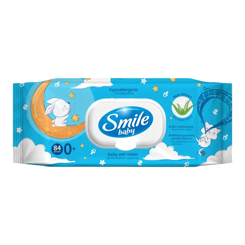 Вологі серветки ультрам&#039;які з екстрактом алое Baby Smile, 84 шт/уп.