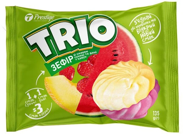 Зефір &quot;Тріо&quot; зі смаками дині та суниці (флоупак) Престиж, 50 г