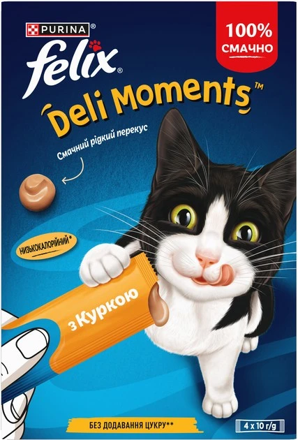 Корм консервований додатковий для дорослих та літніх котів з куркою Deli moments Felix к/у 4*10г