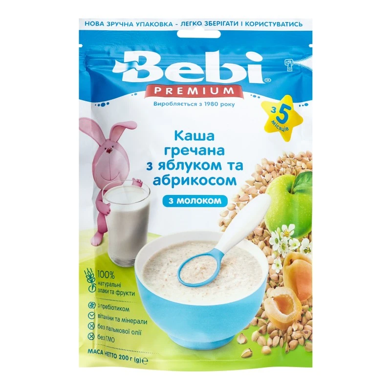 Каша молочна для дітей від 5 міс Гречана з яблуком та абрикосом Premium Bebi, 200 г