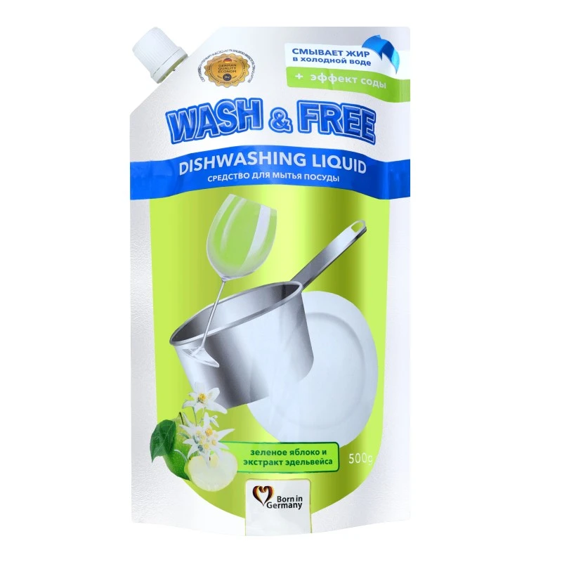 Засіб для миття посуду Зелене яблуко та екстракт едельвейсу Wash&amp;Free, 500 мл