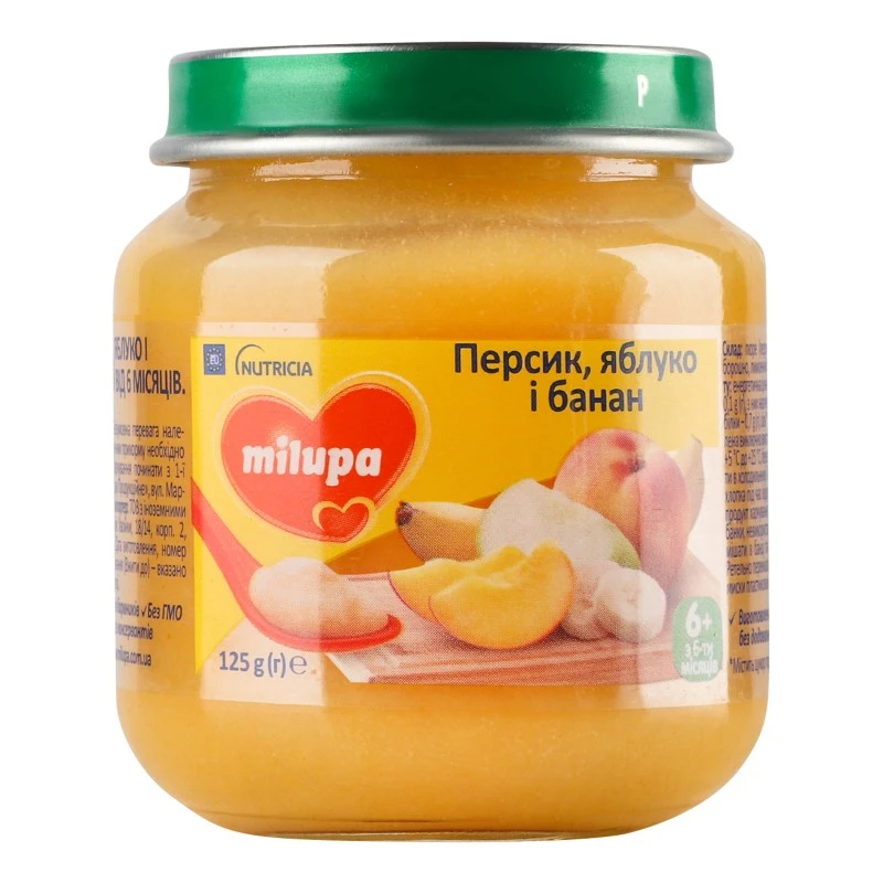 Пюре фруктове для дітей від 6 місяців Яблуко-банан-персик Milupa, 125 г