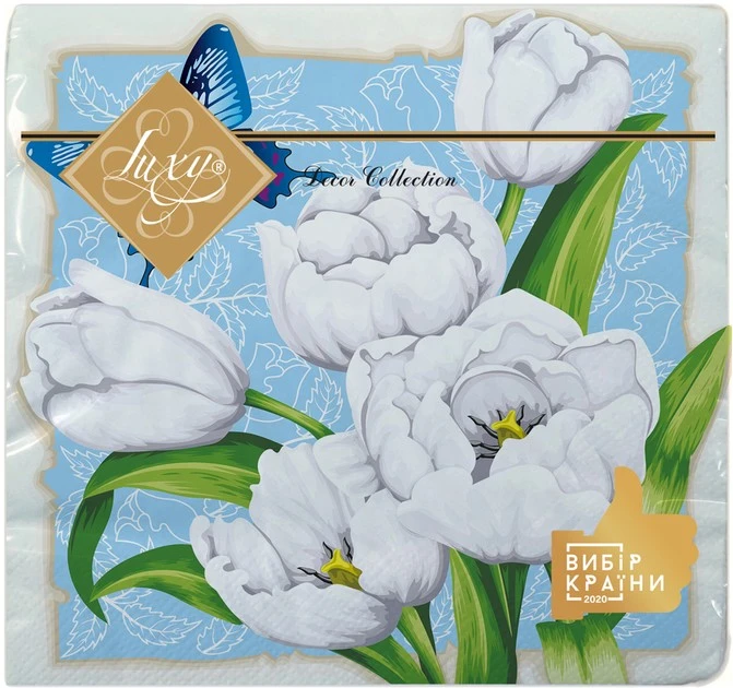 Серветка столова 33*33 см, 3 шари, Білосніжні тюльпани Luxy, 18шт