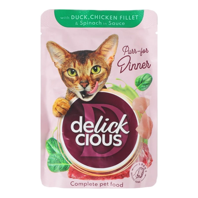 Корм для котів з качкою, курячим філе та шпинатом в соусі Delickcious, 85 г