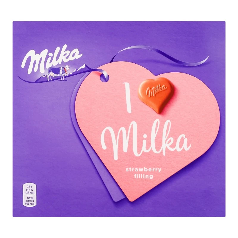 Цукерки в молочному шоколаді з кремово-полуничною начинкою Milka, 110 г