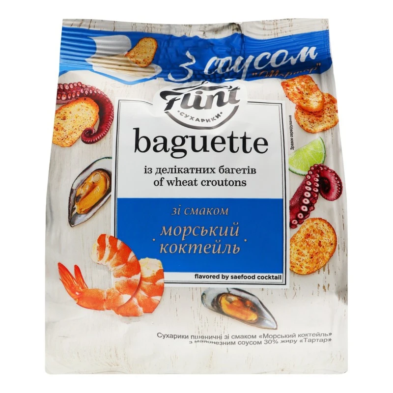 Сухарики пшеничні Морський коктейль 50г + соус Тартар 15г Baguette Flint м/у 65г