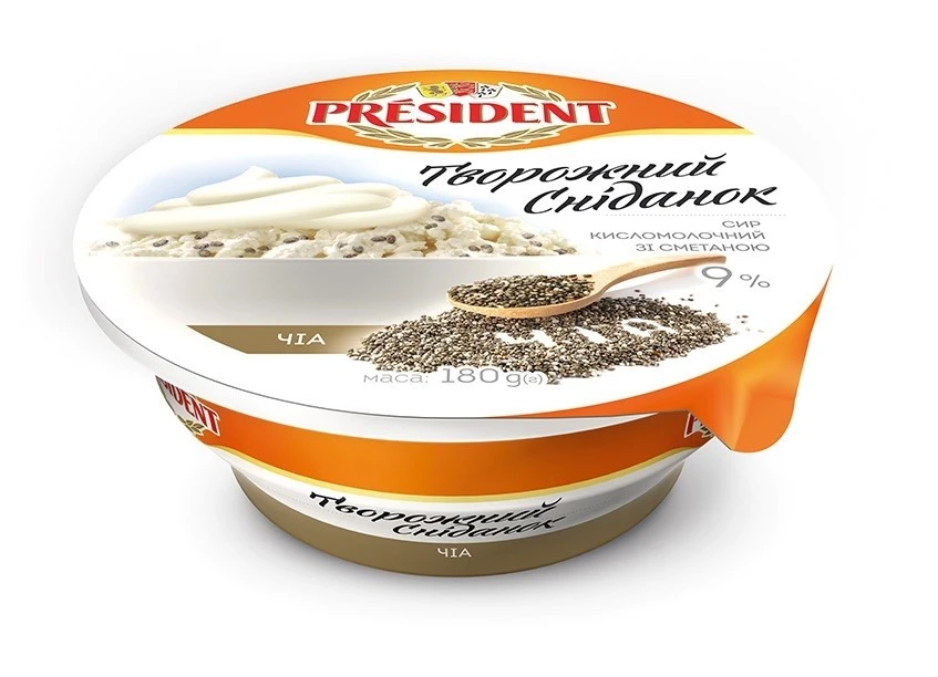 Сир кисломолочний 9% зі сметаною та наповнювачем Чіа Творожний сніданок President, 180 г