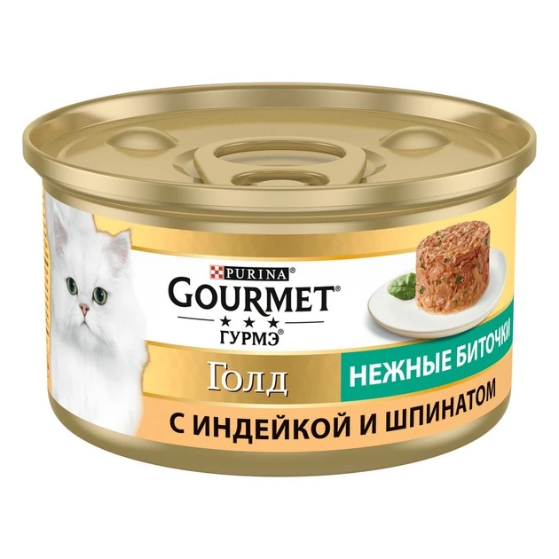 Корм для котів З індичкою та шпинатом Ніжні биточки ж/б Gold Gourmet, 85 г