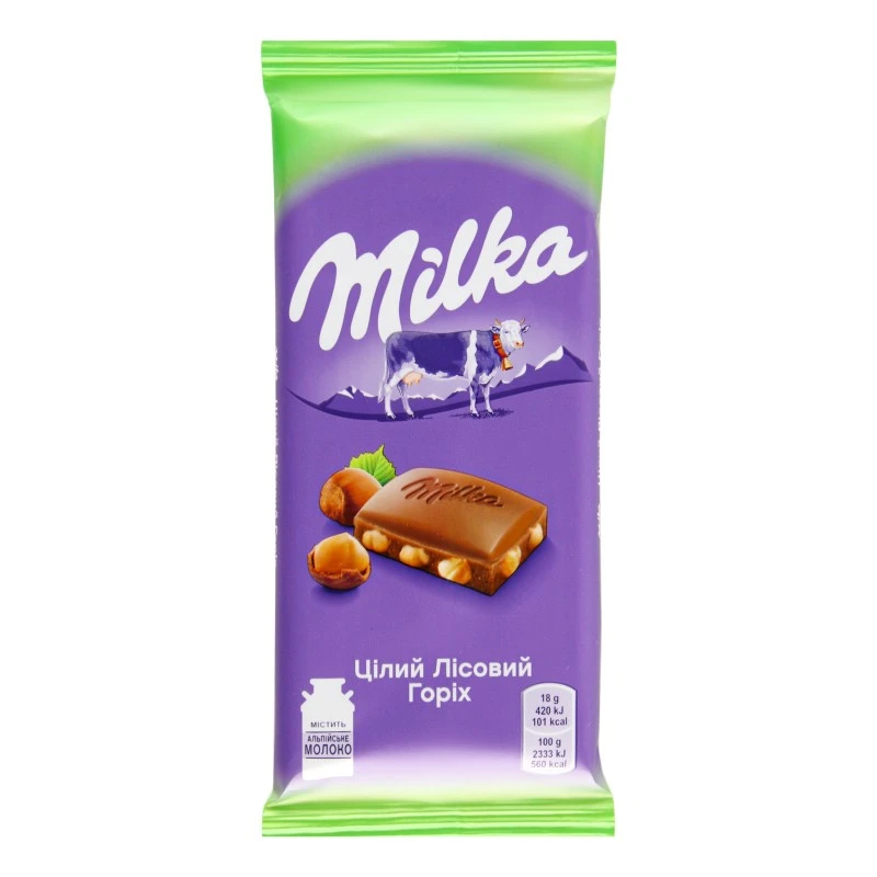 Шоколад молочний з цілим лісовим горіхом Мілка, 90 г